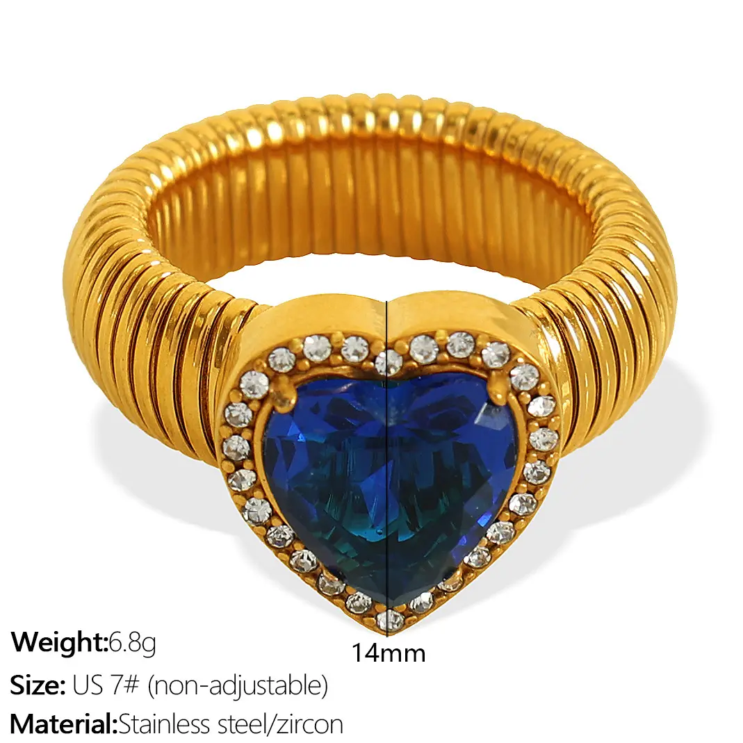 1 Piece Romantic Series Retro Heart Colorful Stainless Steel  Gold Color Zircon Women's Gemstone Rings h5 